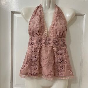 VTG Y2K Embroidered Silk Lace Bebe Halter Top XS Boho Romantic Fairy Victorian